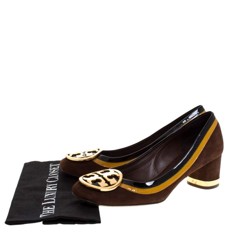 Pre Owned Tory Burch Brown Suede And Patent Leather Block Heel Pumps Size 39