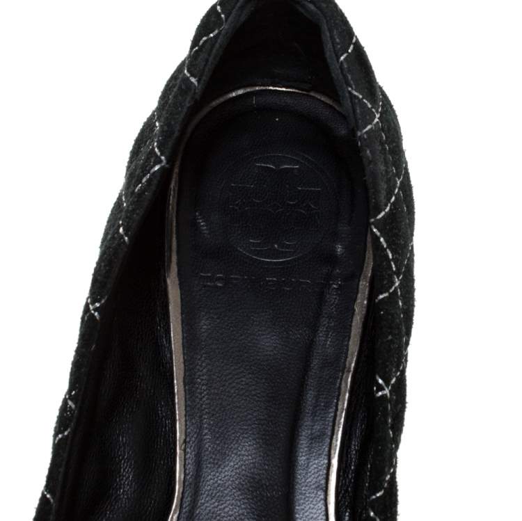 Pre Owned Tory Burch Black Suede Leather Logo Ballet Flats Size 36