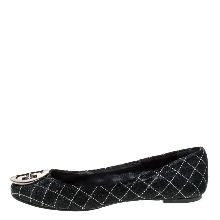 Pre Owned Tory Burch Black Suede Leather Logo Ballet Flats Size 36