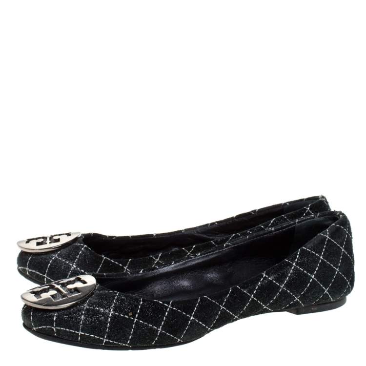 Pre Owned Tory Burch Black Suede Leather Logo Ballet Flats Size 36