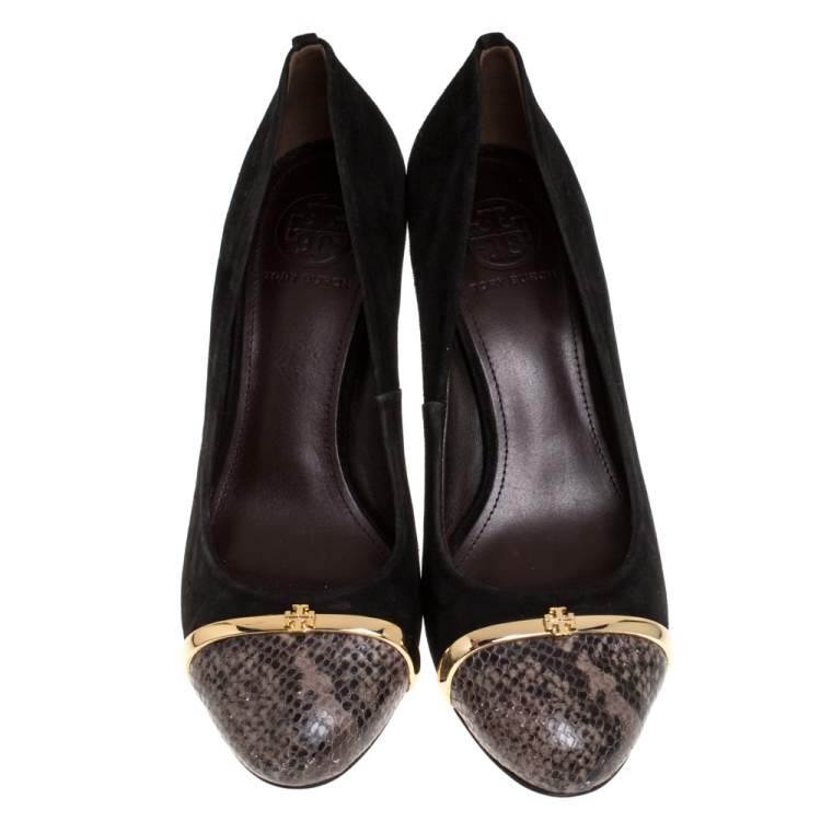Pre Owned Tory Burch Black Suede And Grey Python Embossed Leather Cap Toe Pumps Size 38.5