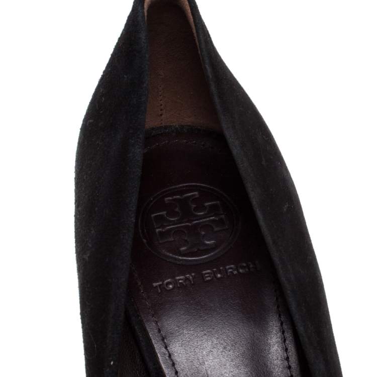Pre Owned Tory Burch Black Suede And Grey Python Embossed Leather Cap Toe Pumps Size 38.5