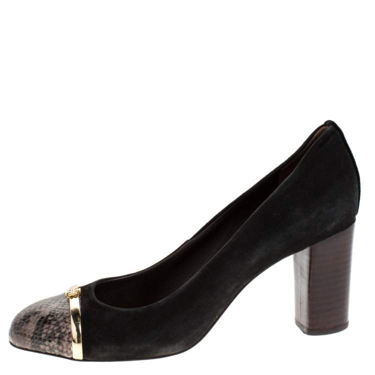Pre Owned Tory Burch Black Suede And Grey Python Embossed Leather Cap Toe Pumps Size 38.5
