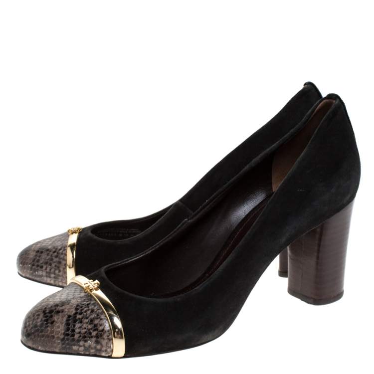 Pre Owned Tory Burch Black Suede And Grey Python Embossed Leather Cap Toe Pumps Size 38.5