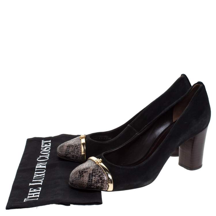 Pre Owned Tory Burch Black Suede And Grey Python Embossed Leather Cap Toe Pumps Size 38.5