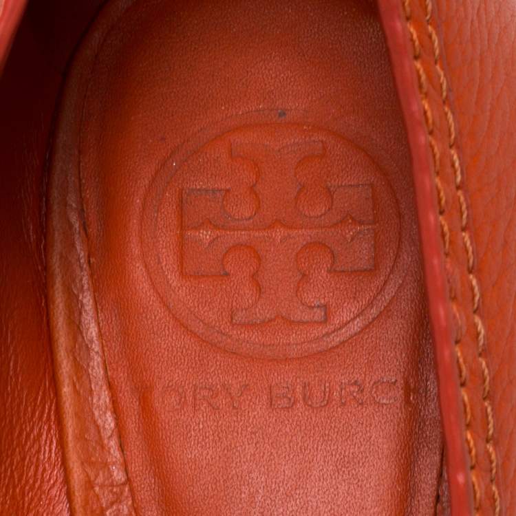 Pre Owned Tory Burch Orange Leather Logo Wedge Peep Toe Pumps Size 36.5