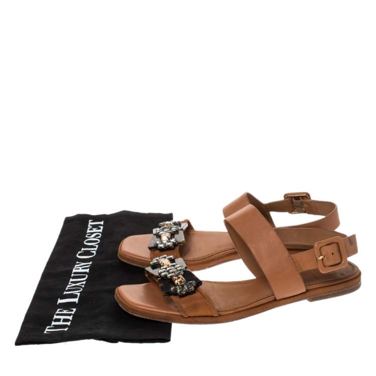 Pre Owned Tory Burch Brown Leather Crystal Embellished Slingback Flat Sandals Size 36.5
