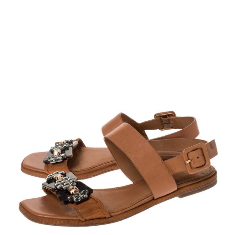 Pre Owned Tory Burch Brown Leather Crystal Embellished Slingback Flat Sandals Size 36.5