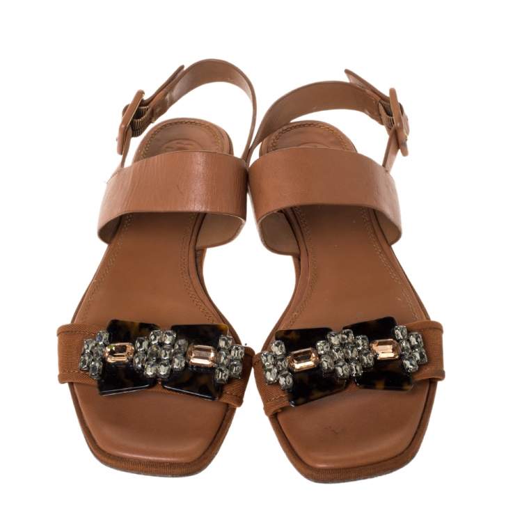 Pre Owned Tory Burch Brown Leather Crystal Embellished Slingback Flat Sandals Size 36.5