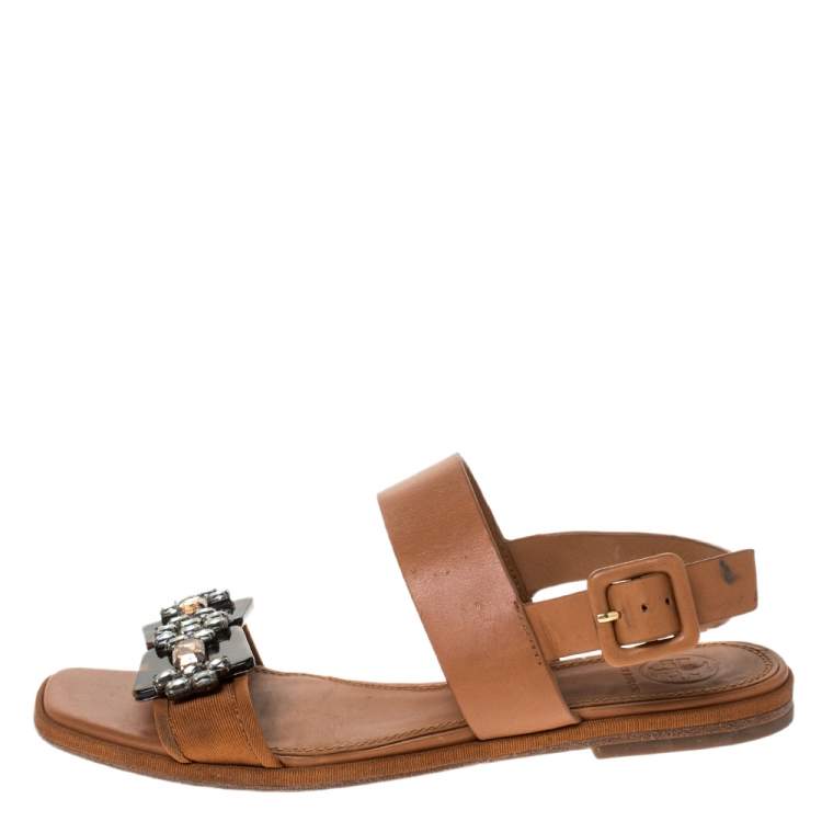 Tory Burch Brown Leather Crystal Embellished Slingback Flat Sandals Size   Tory Burch | TLC