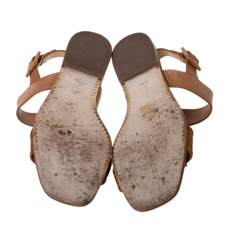 Pre Owned Tory Burch Brown Leather Crystal Embellished Slingback Flat Sandals Size 36.5