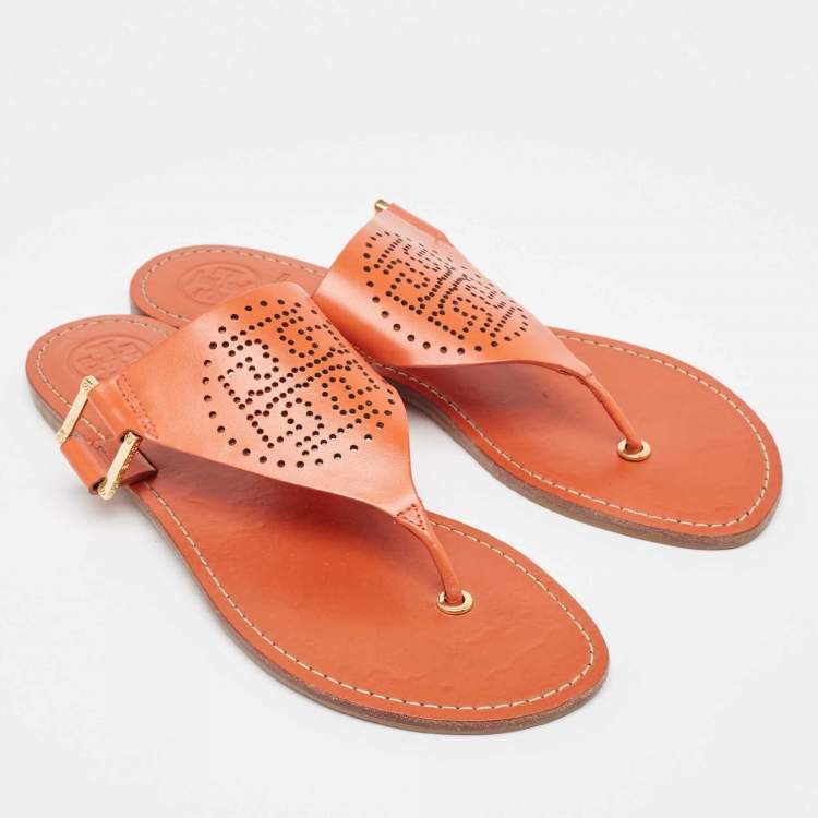 مملوكة مسبقًا Tory Burch Orange Perforated Leather Thong  Sandals Size 38.5