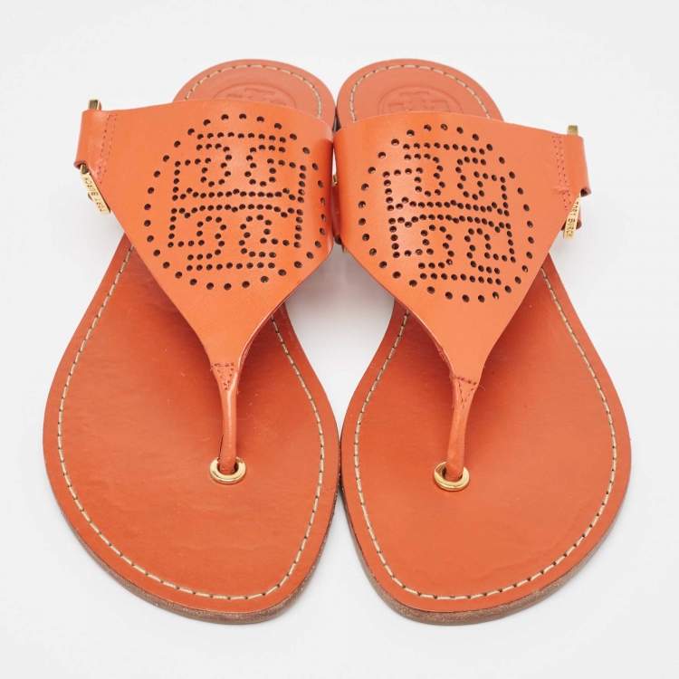 مملوكة مسبقًا Tory Burch Orange Perforated Leather Thong  Sandals Size 38.5