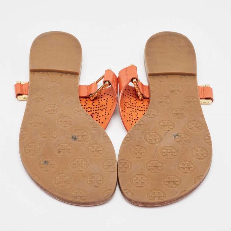 مملوكة مسبقًا Tory Burch Orange Perforated Leather Thong  Sandals Size 38.5