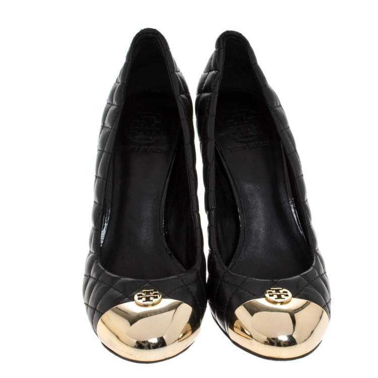 Pre Owned Tory Burch Black Quilted Leather Metal Cap Toe Pumps Size 38.5 