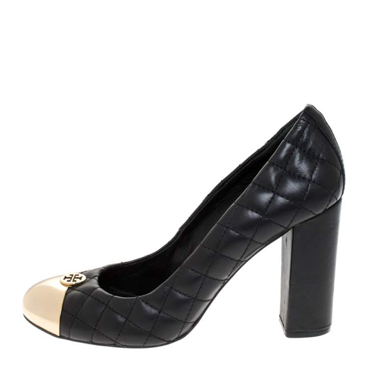 Pre Owned Tory Burch Black Quilted Leather Metal Cap Toe Pumps Size 38.5 