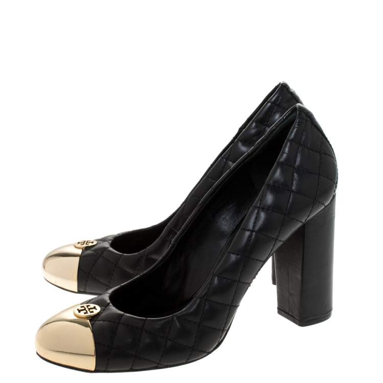 Pre Owned Tory Burch Black Quilted Leather Metal Cap Toe Pumps Size 38.5 