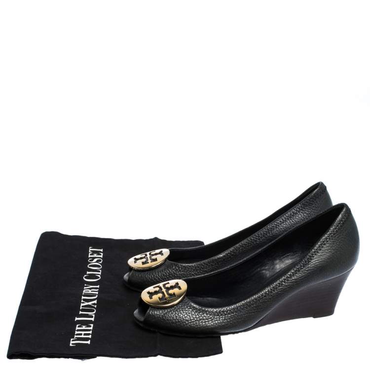 Pre Owned Tory Burch Black Leather Wedge Peep Toe Pumps Size 38