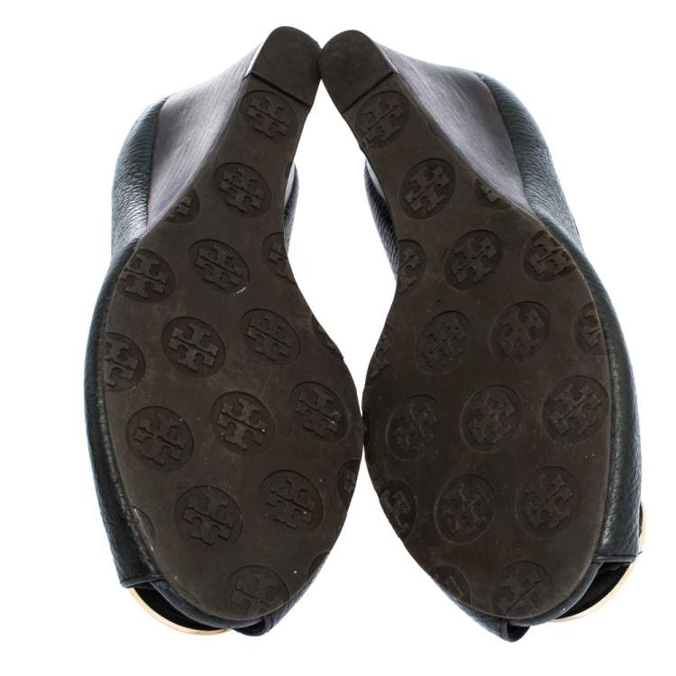 Pre Owned Tory Burch Black Leather Wedge Peep Toe Pumps Size 38