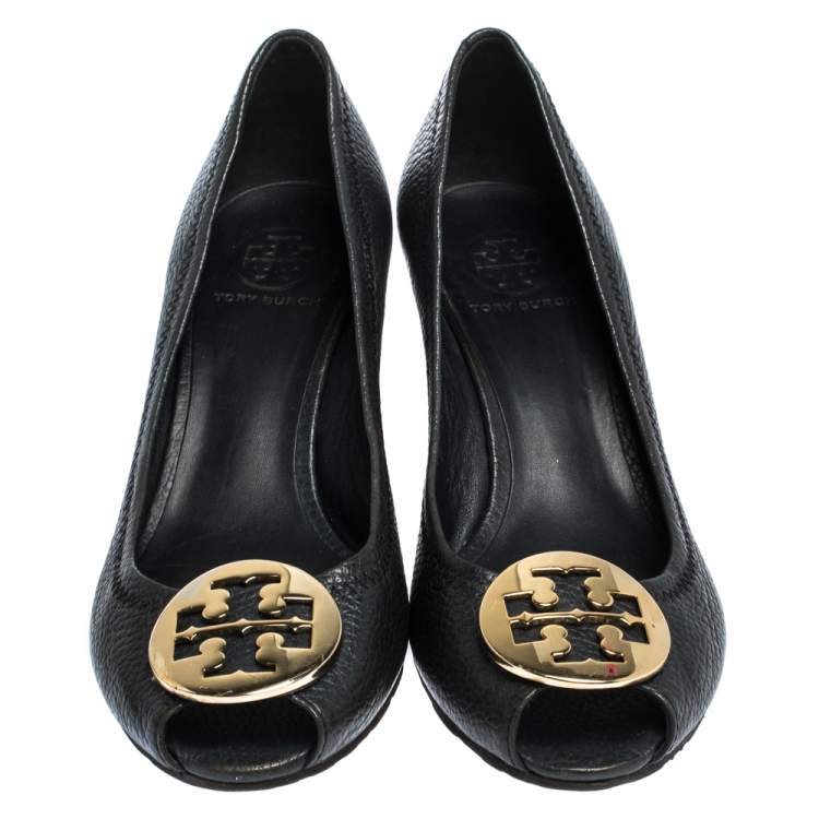 Pre Owned Tory Burch Black Leather Wedge Peep Toe Pumps Size 38