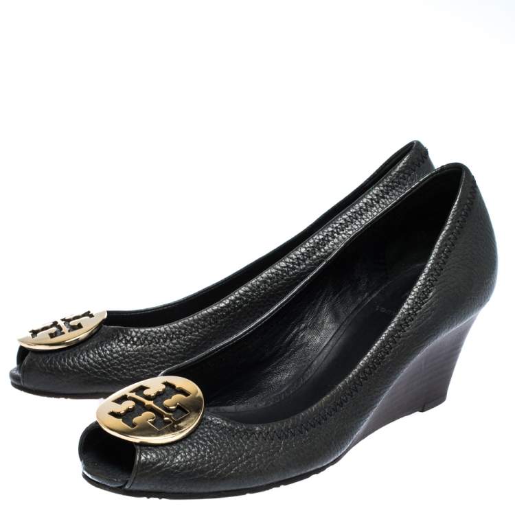 Pre Owned Tory Burch Black Leather Wedge Peep Toe Pumps Size 38