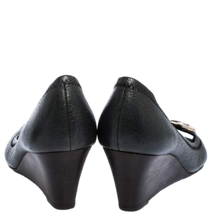 Pre Owned Tory Burch Black Leather Wedge Peep Toe Pumps Size 38