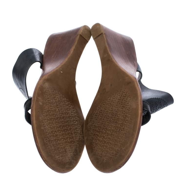 Pre Owned Tory Burch Black Perforated Logo Leatther Wedge Sandals Size 37.5