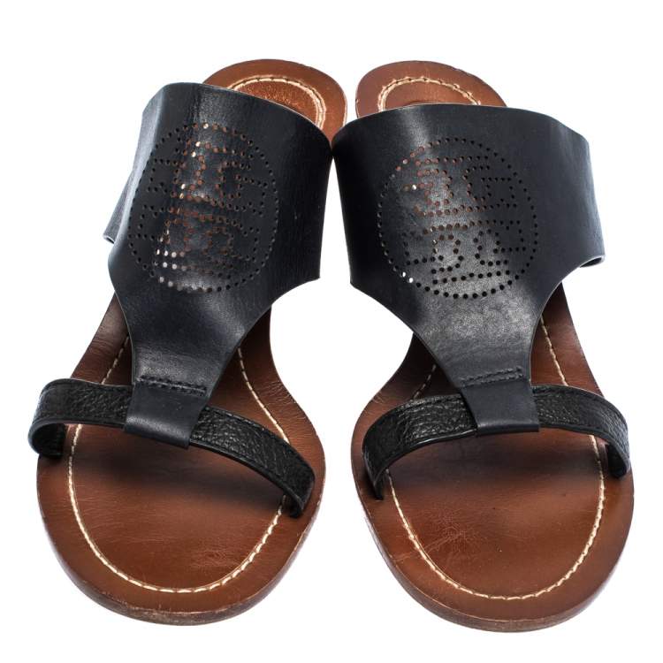 Pre Owned Tory Burch Black Perforated Logo Leatther Wedge Sandals Size 37.5
