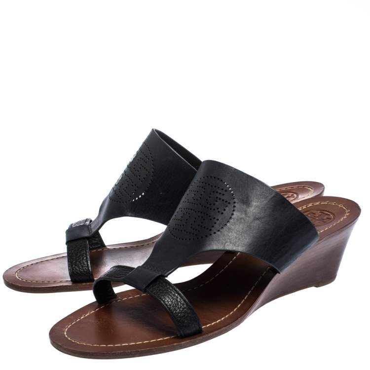 Pre Owned Tory Burch Black Perforated Logo Leatther Wedge Sandals Size 37.5