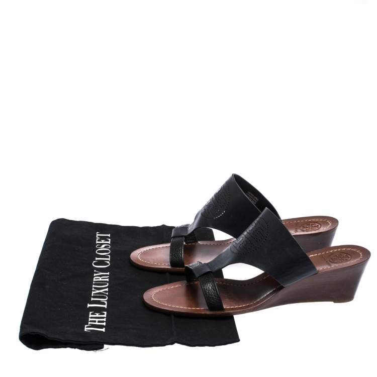 Pre Owned Tory Burch Black Perforated Logo Leatther Wedge Sandals Size 37.5