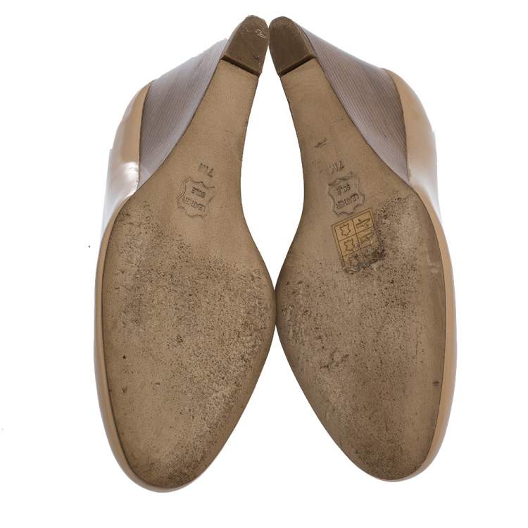 Pre Owned Tory Burch Beige Patent Leather Lowell New Logo Wedge Pumps Size 37 