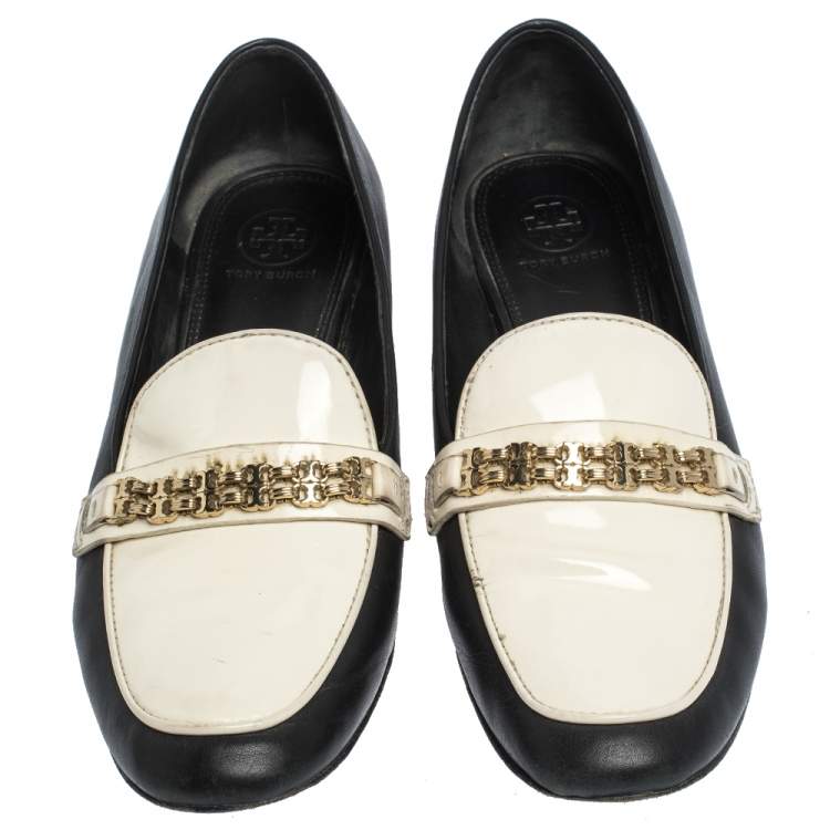 Pre Owned Tory Burch Two-Tone Leather And Patent Gemini Link Detail Loafers Size 38.5