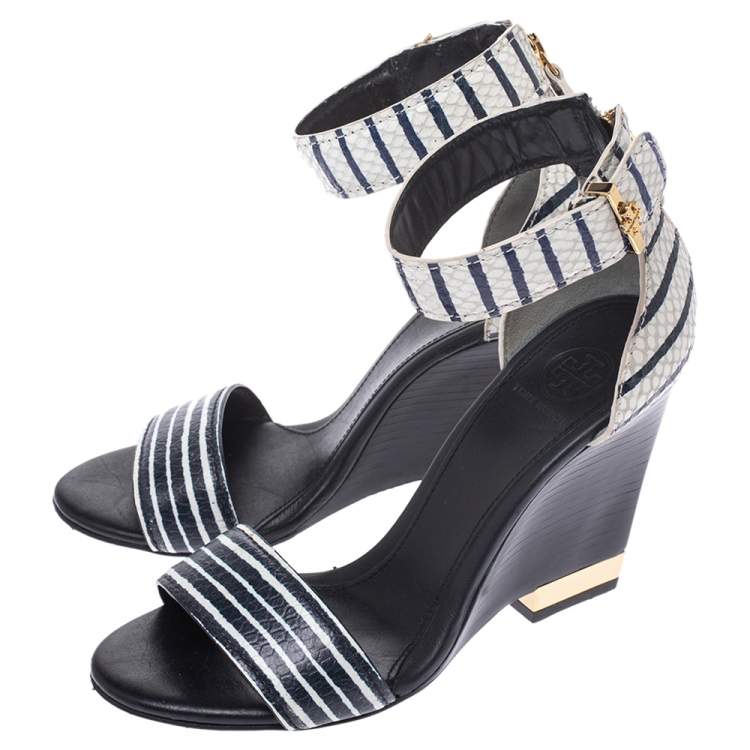 Pre Owned Tory Burch Two Tone Snake Embossed Leather Carolyn Ankle Strap Wedge Sandals Size 37
