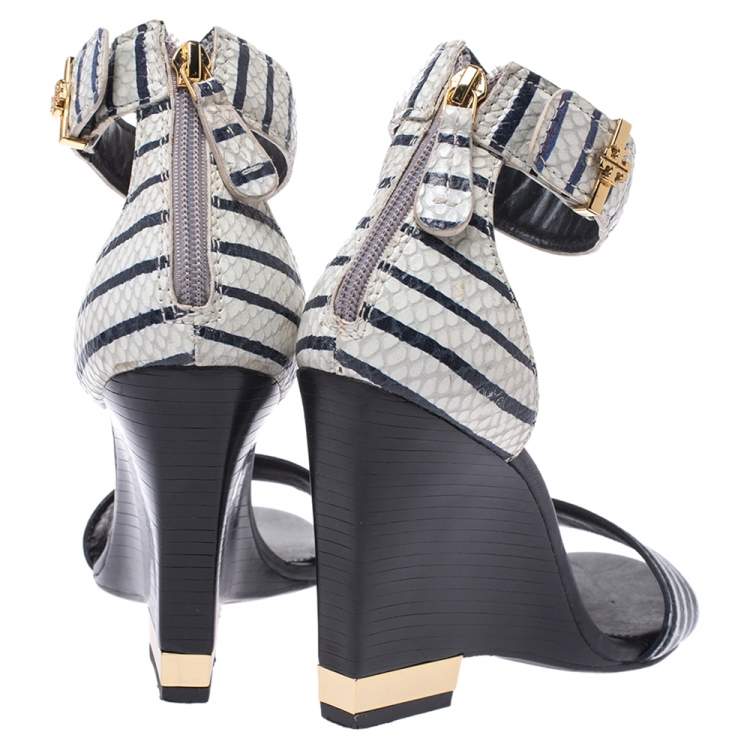Pre Owned Tory Burch Two Tone Snake Embossed Leather Carolyn Ankle Strap Wedge Sandals Size 37