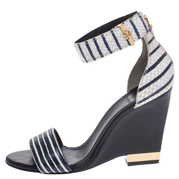 Pre Owned Tory Burch Two Tone Snake Embossed Leather Carolyn Ankle Strap Wedge Sandals Size 37
