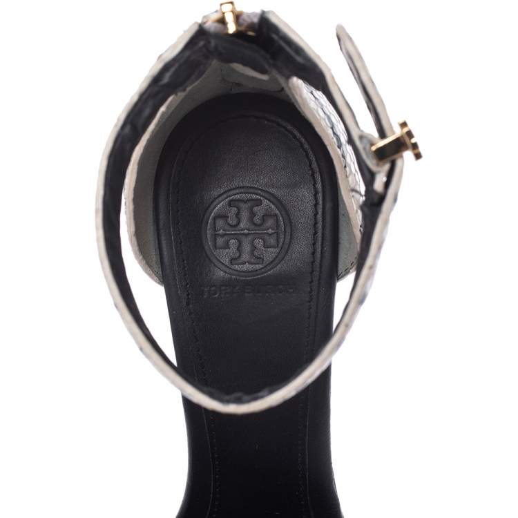 Pre Owned Tory Burch Two Tone Snake Embossed Leather Carolyn Ankle Strap Wedge Sandals Size 37