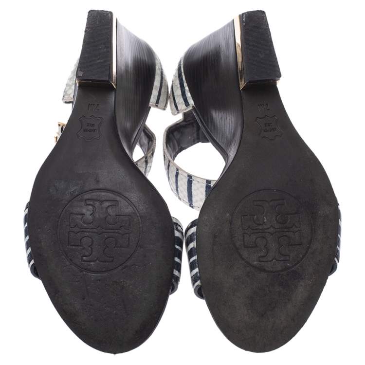 Pre Owned Tory Burch Two Tone Snake Embossed Leather Carolyn Ankle Strap Wedge Sandals Size 37