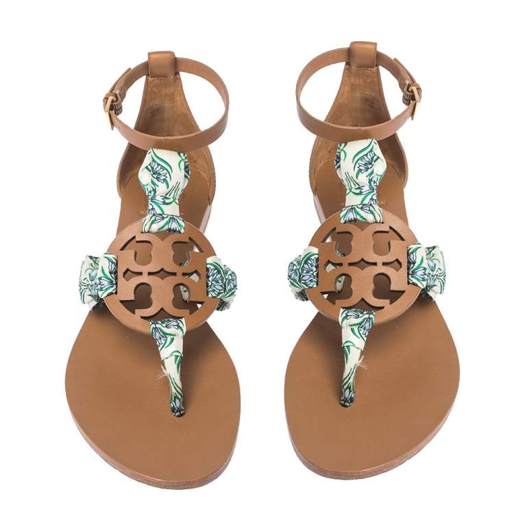 مملوكة مسبقًا Tory Burch Brown Leather And Printed Scarf Miller Sandals Size 37