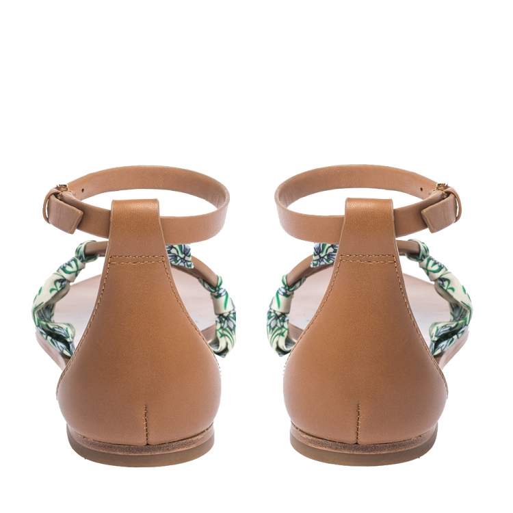 مملوكة مسبقًا Tory Burch Brown Leather And Printed Scarf Miller Sandals Size 37