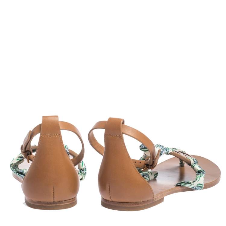 مملوكة مسبقًا Tory Burch Brown Leather And Printed Scarf Miller Sandals Size 37