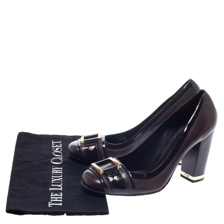 Pre Owned Tory Burch Brown Leather and Patent Leather Block Heel Pumps Size 38.5