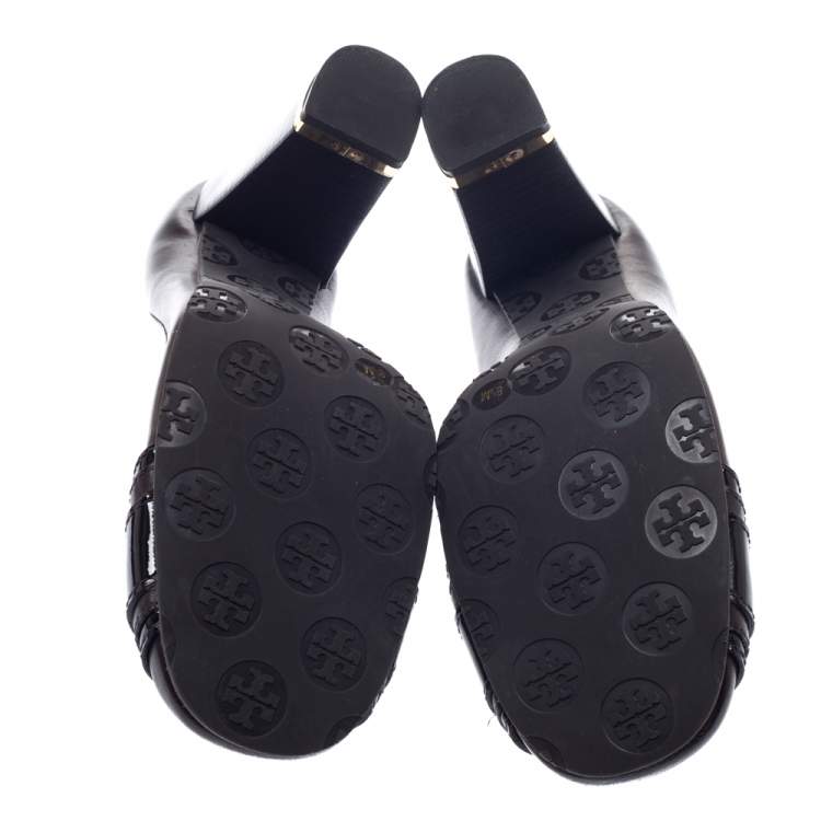 Pre Owned Tory Burch Brown Leather and Patent Leather Block Heel Pumps Size 38.5