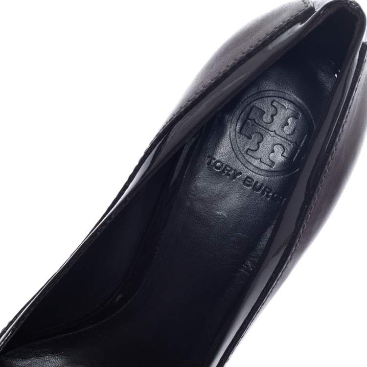 Pre Owned Tory Burch Brown Leather and Patent Leather Block Heel Pumps Size 38.5