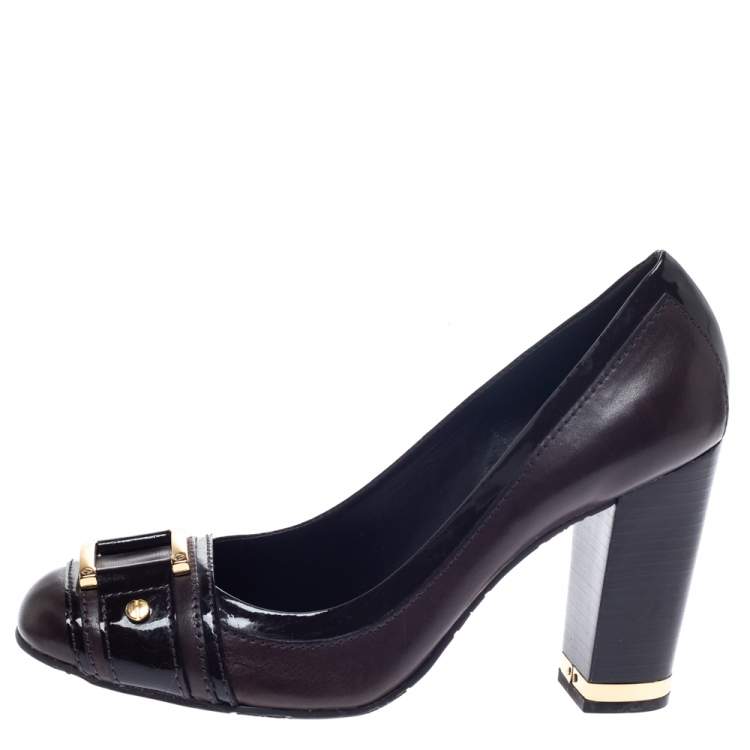 Pre Owned Tory Burch Brown Leather and Patent Leather Block Heel Pumps Size 38.5