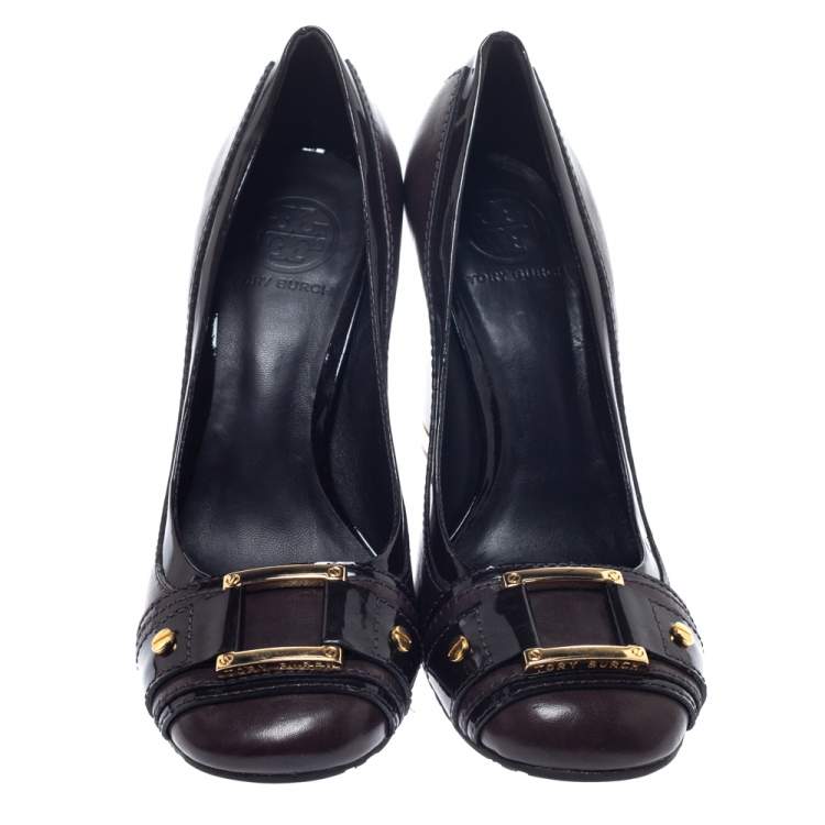 Pre Owned Tory Burch Brown Leather and Patent Leather Block Heel Pumps Size 38.5