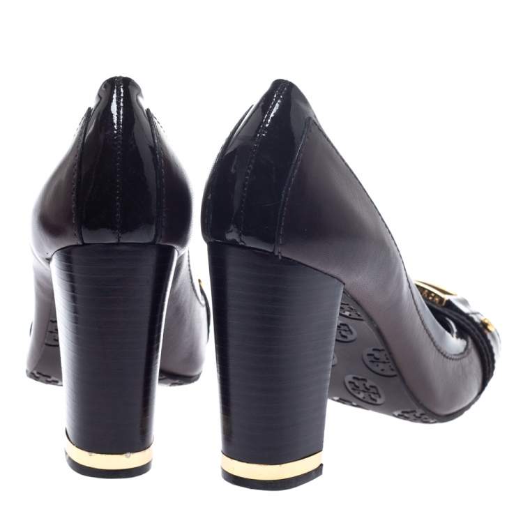 Pre Owned Tory Burch Brown Leather and Patent Leather Block Heel Pumps Size 38.5