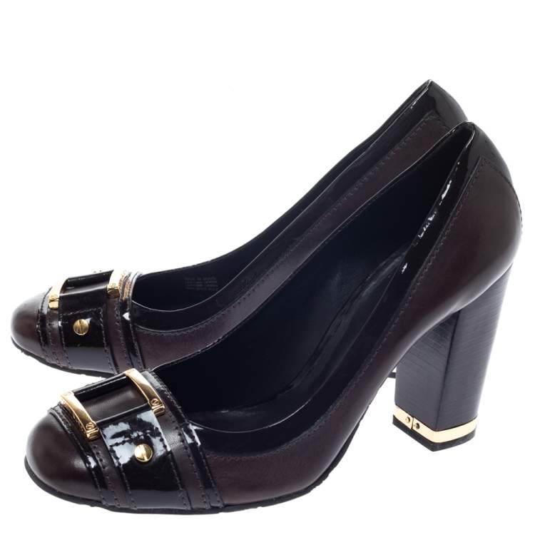 Pre Owned Tory Burch Brown Leather and Patent Leather Block Heel Pumps Size 38.5