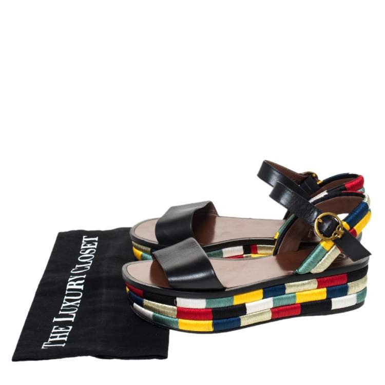 Pre Owned Tory Burch Black Leather Camilla Embroidered Platform Ankle Strap Sandals Size 36