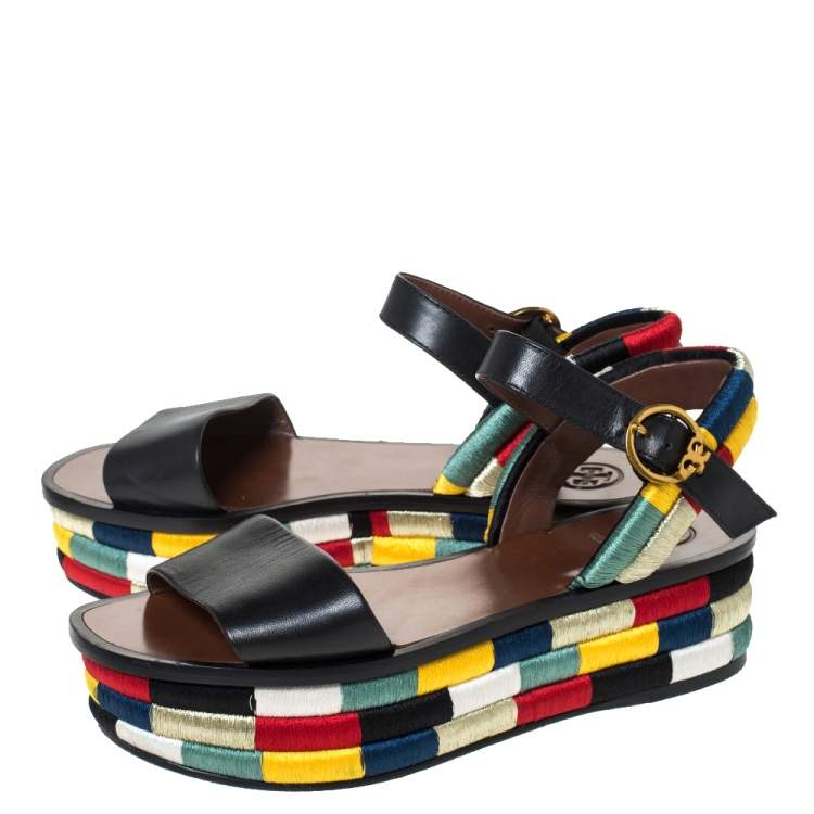 Pre Owned Tory Burch Black Leather Camilla Embroidered Platform Ankle Strap Sandals Size 36