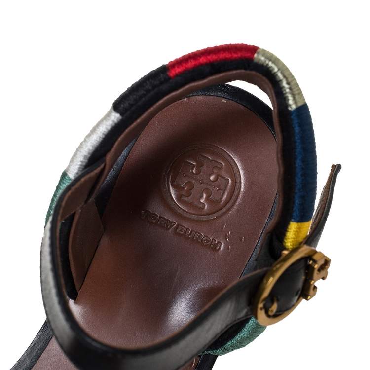 Pre Owned Tory Burch Black Leather Camilla Embroidered Platform Ankle Strap Sandals Size 36